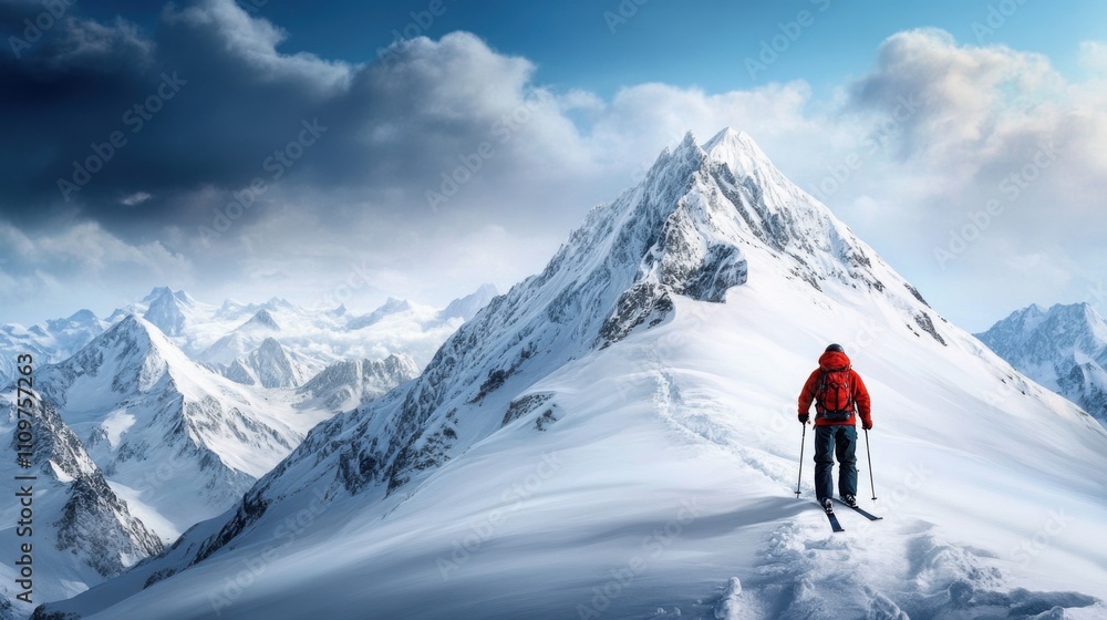 Skier Navigating Snowy Mountain Landscape Skier Navigating Snowy Mountain Landscape