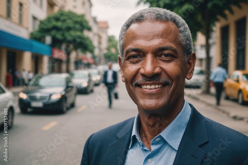 Close portrait of a smiling senior Belizean businessman looking at the camera, Belizean big city outdoors blurred background