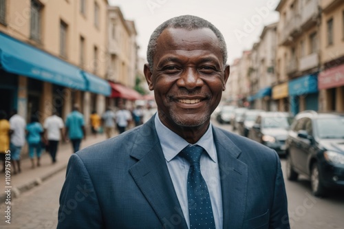 Close portrait of a smiling senior Beninese businessman looking at the camera, Beninese big city outdoors blurred background