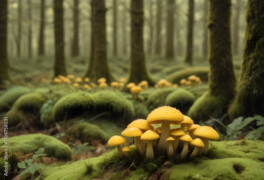 A cluster of yellow mushrooms growing on moss-covered ground in a forest A cluster of yellow mushrooms growing on moss-covered ground in a forest