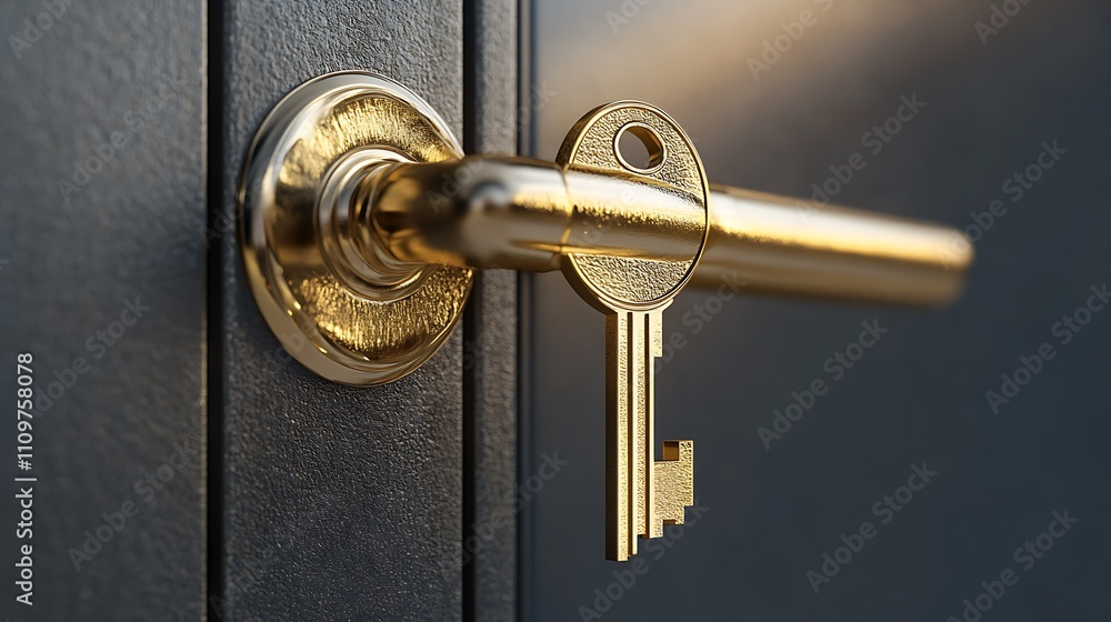 Gold key in a gold door handle on a dark gray door.
