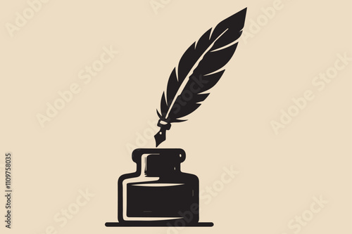 A fountain pen with a feather quill, set inside an ink bottle.