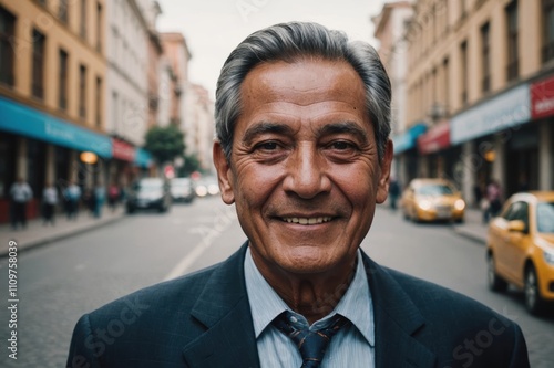 Close portrait of a smiling senior Bolivian businessman looking at the camera, Bolivian big city outdoors blurred background