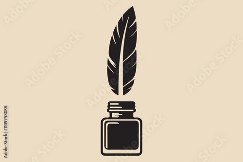 A fountain pen with a feather quill, set inside an ink bottle.