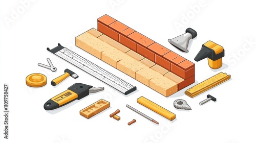 Isometric illustration of bricklaying tools and materials.