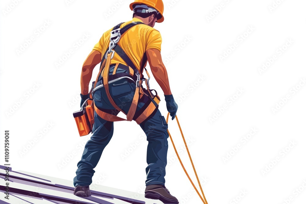 Obraz premium Construction worker in safety gear on a roof.