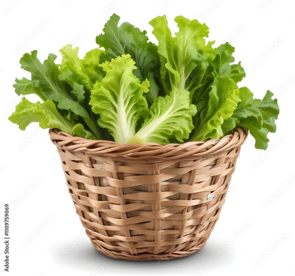 A wicker basket filled with fresh green lettuce leaves A wicker basket filled with fresh green lettuce leaves