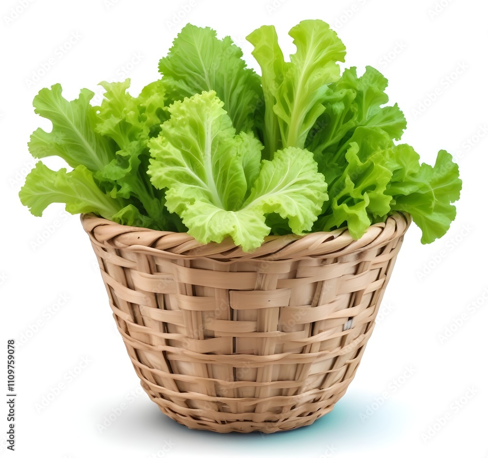 A wicker basket filled with fresh green lettuce leaves A wicker basket filled with fresh green lettuce leaves