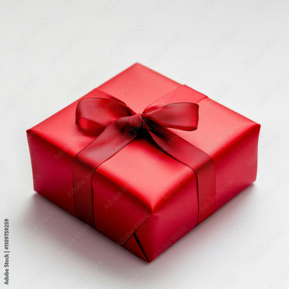 a one luxurious gift box wrapped in red wrapping paper. Very thin satin ribbon with simple bow or knot. on a white studio background from the side. a one luxurious gift box wrapped in red wrapping paper. Very thin satin ribbon with simple bow or knot. on a white studio background from the side.
