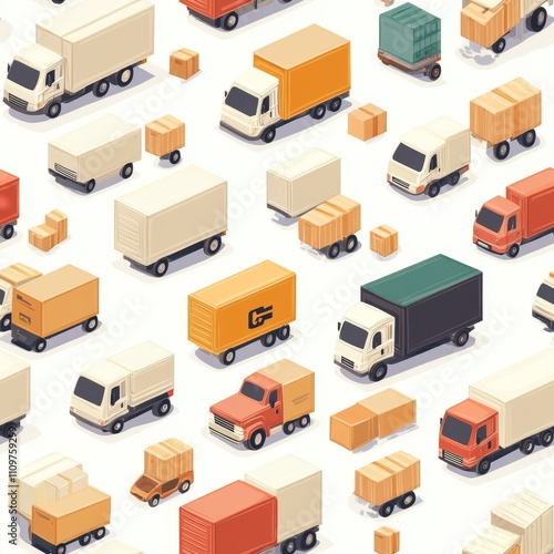 Isometric Pattern of Delivery Trucks and Cargo