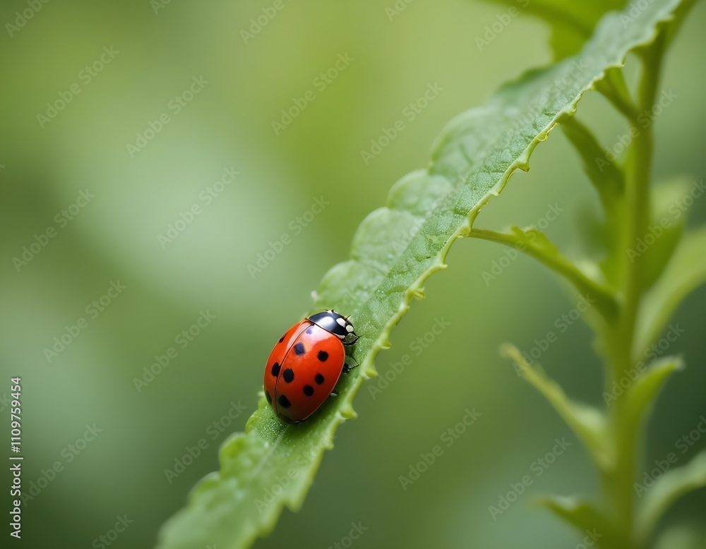 A red ladybug on a green leaf against a blurred green background A red ladybug on a green leaf against a blurred green background