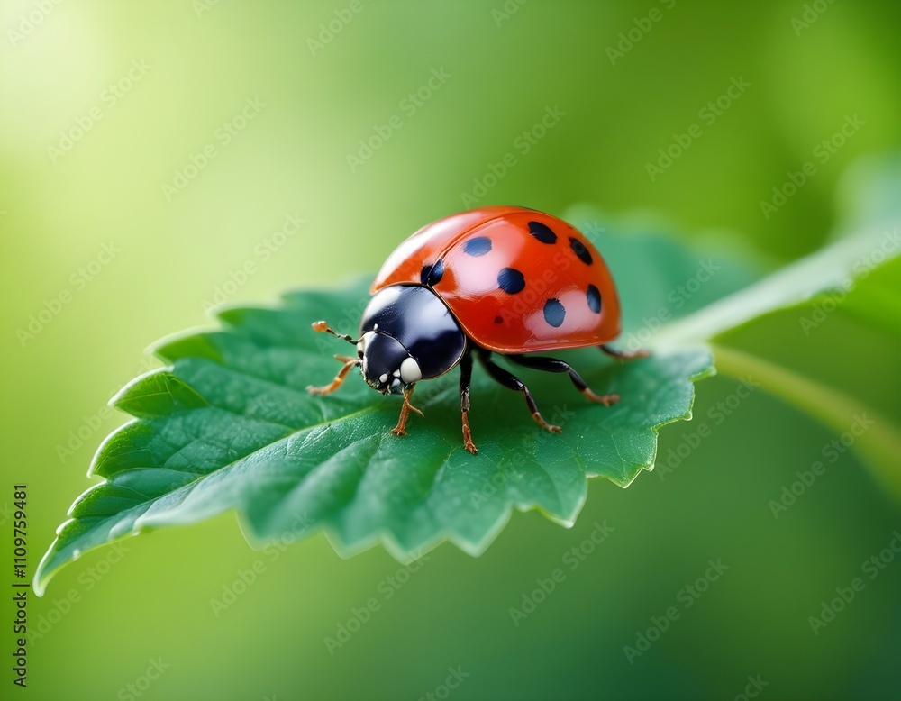 A red ladybug on a green leaf against a blurred green background A red ladybug on a green leaf against a blurred green background