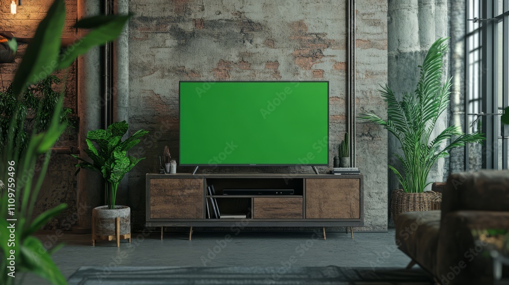 A TV with a green screen on a contemporary TV stand in a living room with industrial decor. A TV with a green screen on a contemporary TV stand in a living room with industrial decor.