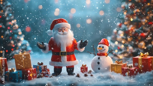 A festive scene with Christmas tree decorations, Santa Claus with gifts, a snowman in the snow, and colorful Christmas gift boxes.