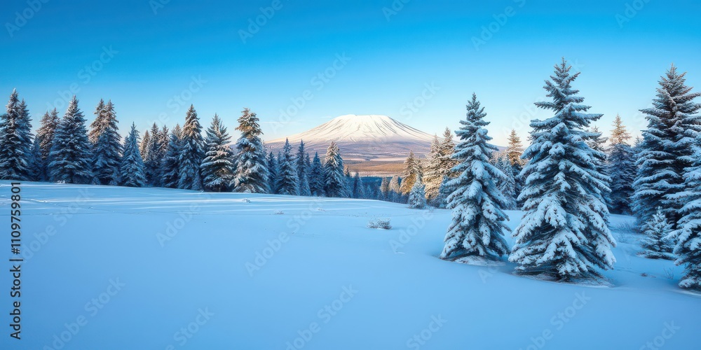 Fototapeta premium Snow-covered landscape with trees and a distant mountain under a clear blue sky, tree