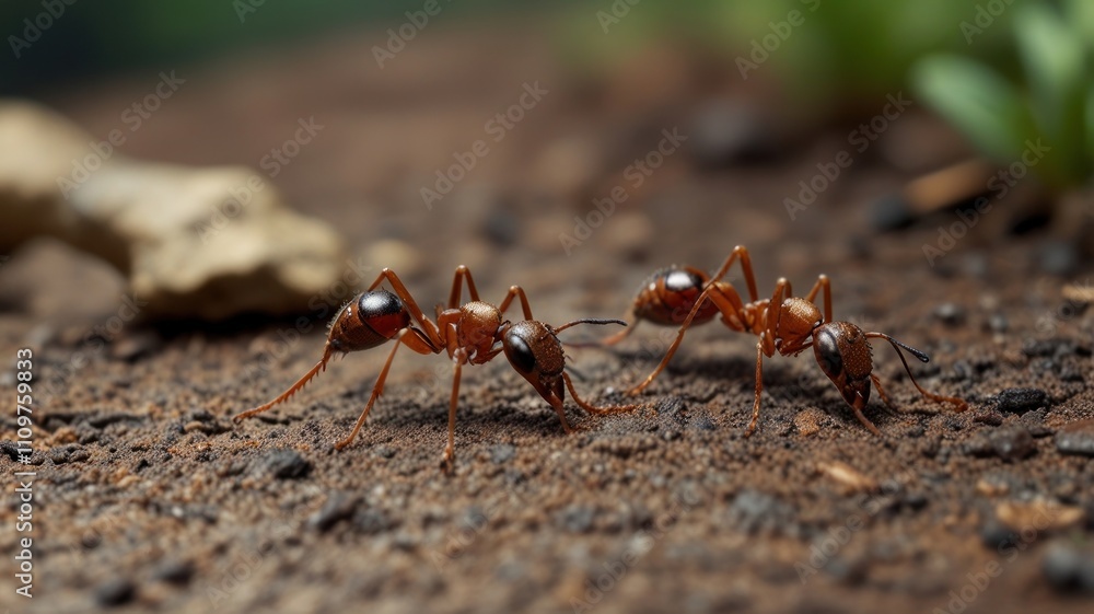 Close-up of three red ants on dark soil. Close-up of three red ants on dark soil.