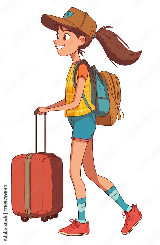 Happy girl traveling with luggage and backpack. Happy girl traveling with luggage and backpack.