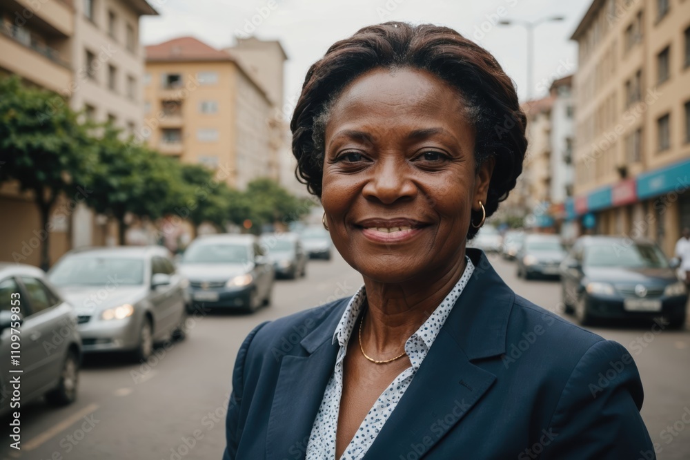 Close portrait of a smiling senior Cameroonian businesswoman looking at the camera, Cameroonian big city outdoors blurred background Close portrait of a smiling senior Cameroonian businesswoman looking at the camera, Cameroonian big city outdoors blurred background