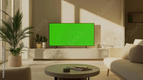 A small TV with a green screen in a minimalist room, placed on a modern table photo