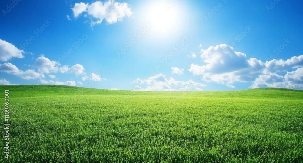 Vast Green Grassland Under a Bright Blue Sky with White Clouds, Sunlit Hills and Expansive Landscape Vast Green Grassland Under a Bright Blue Sky with White Clouds, Sunlit Hills and Expansive Landscape