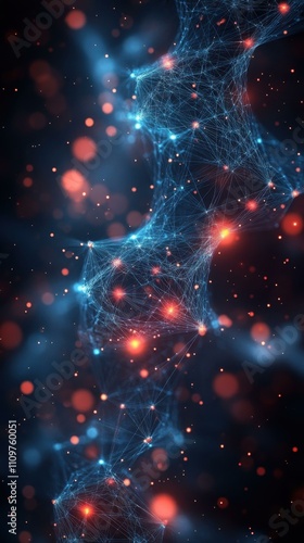 Digital Light Flow. Abstract glowing network particles, digital connections flowing with vibrant lights, futuristic technology background for presentations, websites, sci-fi themes, blue and orange c