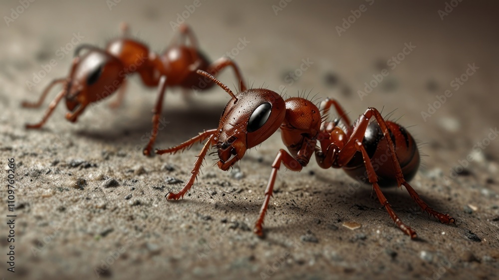 Two red ants walking on a textured surface. Two red ants walking on a textured surface.