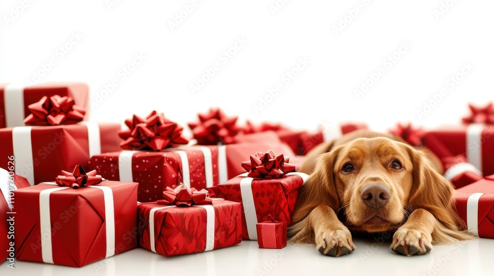 Cozy Living Room Dog Relaxing Among Christmas Presents in a Festive Atmosphere Cozy Living Room Dog Relaxing Among Christmas Presents in a Festive Atmosphere