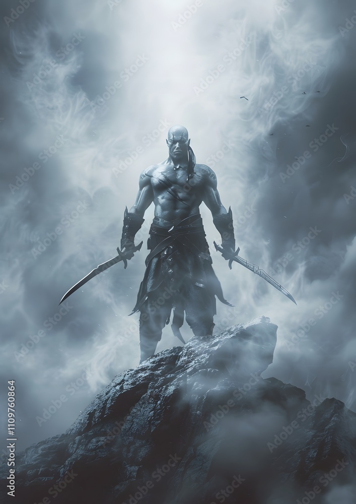 A powerful bald, dark-skinned warrior stands on a misty mountaintop, wielding two swords. Epic fantasy art. A powerful bald, dark-skinned warrior stands on a misty mountaintop, wielding two swords. Epic fantasy art.