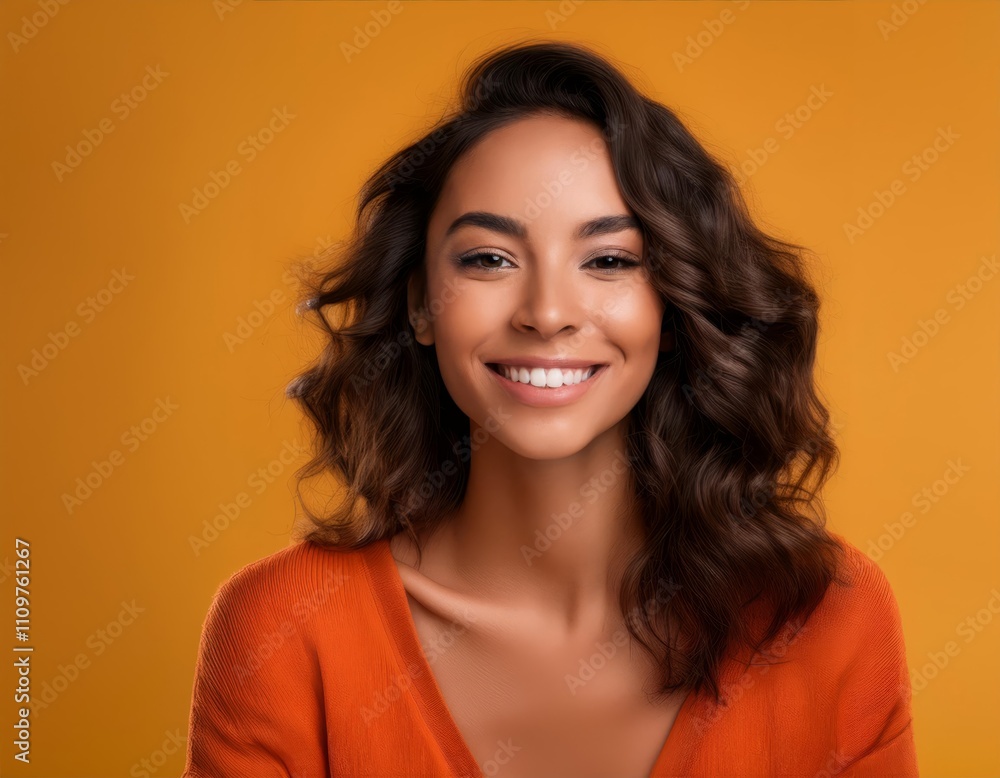 Woman with long hair is smiling and wearing an orange sweater. She has a nice smile and her hair is styled nicely Woman with long hair is smiling and wearing an orange sweater. She has a nice smile and her hair is styled nicely