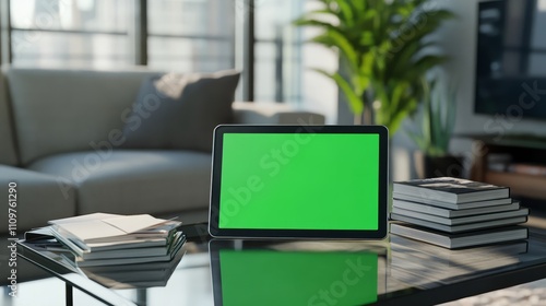 A tablet with a green screen displayed on a glass coffee table with a stack of books nearby. --ar 16:9 --v 6.1 Job ID: 2ba58316-f973-43a8-bf98-bb8249e177b6