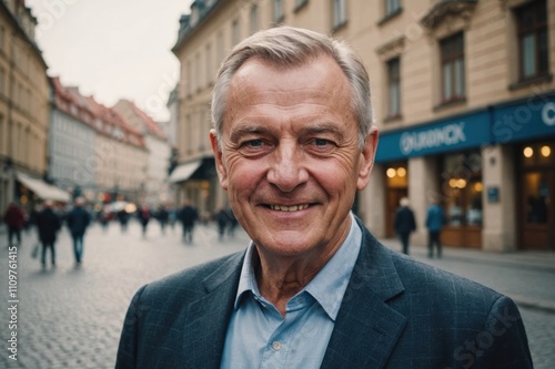 Close portrait of a smiling senior Czech businessman looking at the camera, Czech big city outdoors blurred background