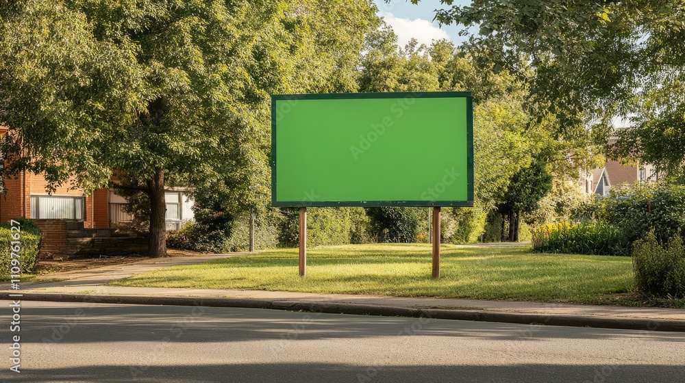 A small green screen billboard on a quiet suburban street A small green screen billboard on a quiet suburban street