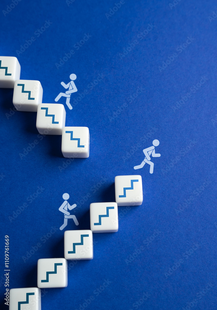 © Andrii Yalanskyi - People climb the stairs, some fall out of carelessness. The concept of moving to new levels and the risk of experiencing failures.