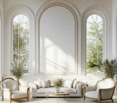 Elegant Living Room with Large Blank Wall Frame, Cozy Sofa, Armchairs, Small Round Table with Vases, Soft Lighting, and Arched Windows for Mock-Up Art.