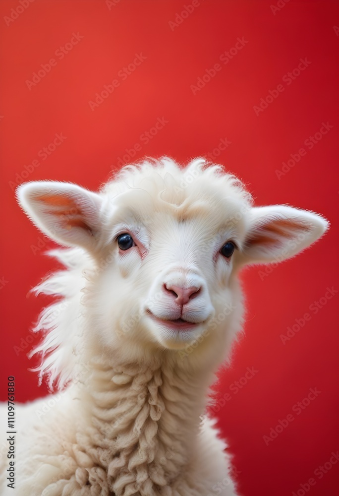 Obraz premium A close-up portrait of a young lamb with fluffy wool against a bright background