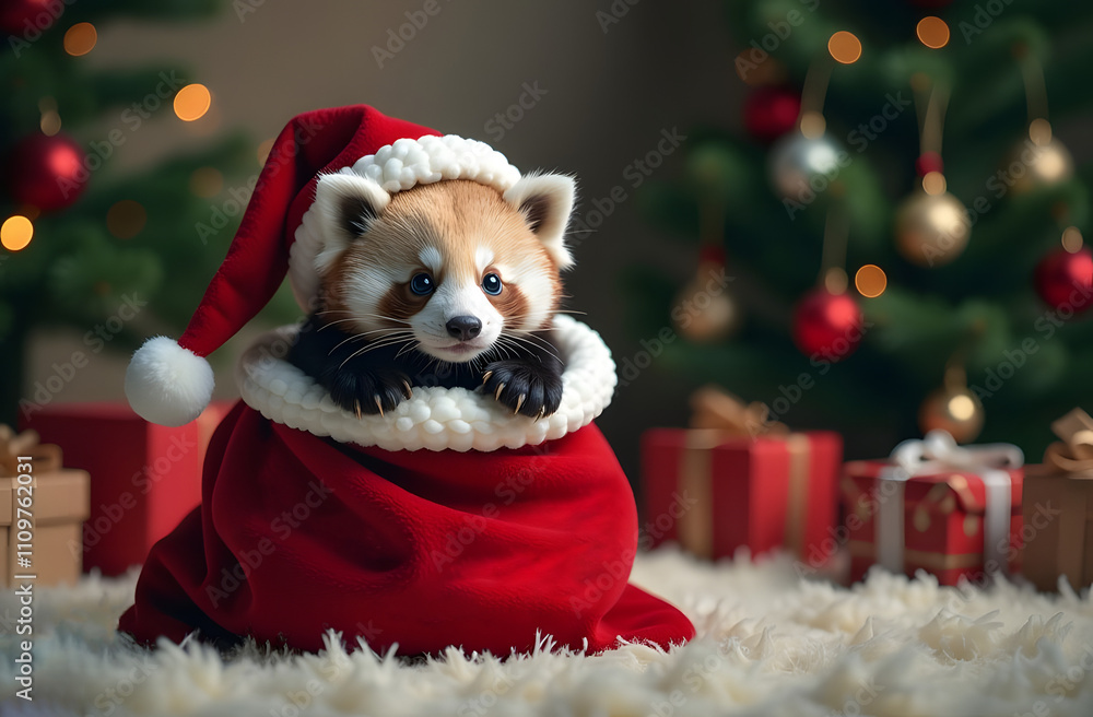 Red panda in Santa's sack with Christmas tree and presents in the background. Festive atmosphere. Red panda in Santa's sack with Christmas tree and presents in the background. Festive atmosphere.