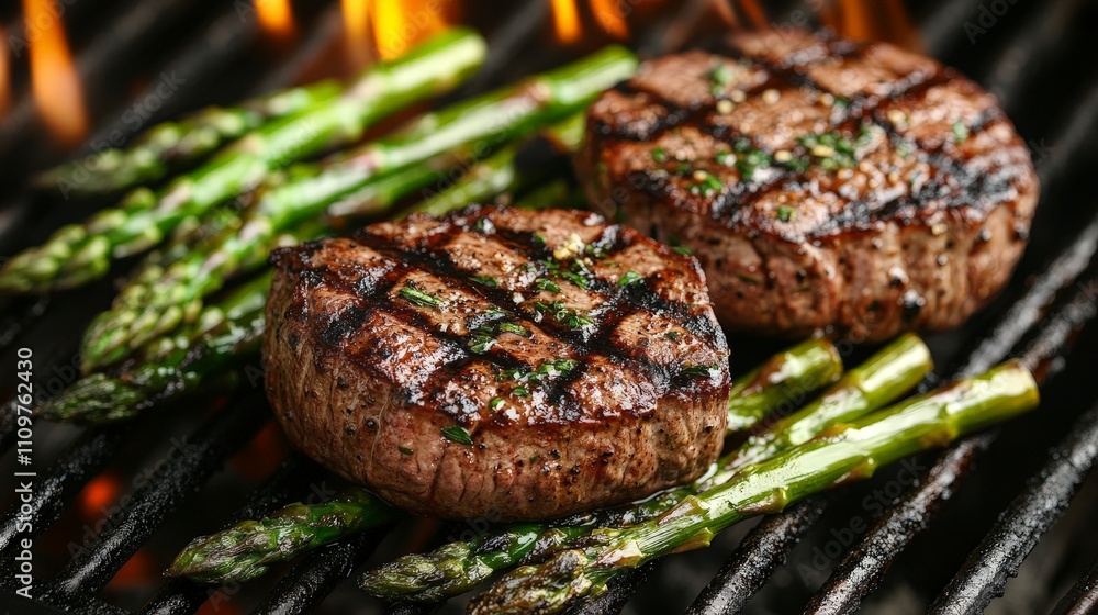 Grilled steaks and asparagus on a barbecue grill, showcasing delicious food preparation. Grilled steaks and asparagus on a barbecue grill, showcasing delicious food preparation.