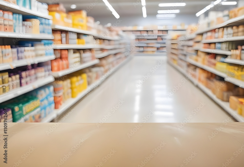 Blurred grocery store with shelves stocked with various products, concrete floor in the foreground Blurred grocery store with shelves stocked with various products, concrete floor in the foreground