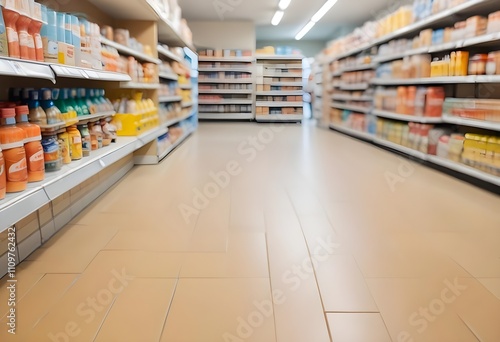 Wallpaper Mural Blurred convenience store with shelves stocked with various products, tiled floor in the foreground Torontodigital.ca