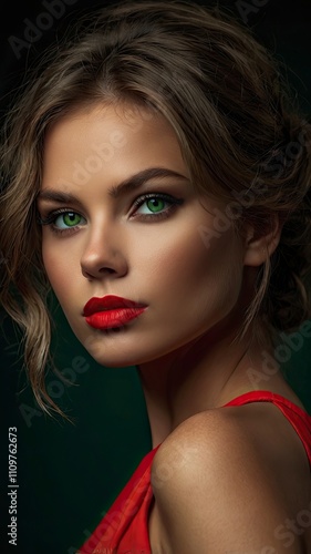 portrait of a confident and mysterious European beauty with tan hair, dark sleek updos and bright red matte lips. With her beautiful green eyes and a highly textured black top that accentuates her