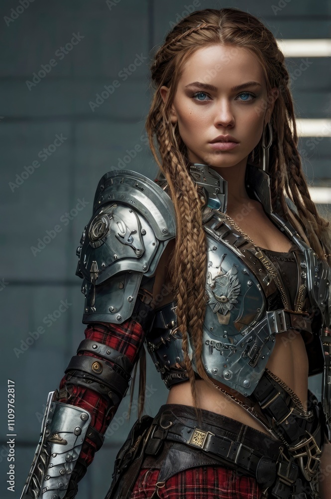 full-body artwork of a modern female warrior with a striking presence. She has long, intricately braided hair cascading down her back, with subtle highlights adding depth to the strands. Her piercing full-body artwork of a modern female warrior with a striking presence. She has long, intricately braided hair cascading down her back, with subtle highlights adding depth to the strands. Her piercing
