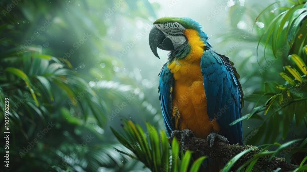 Obraz premium Blue-and-gold macaw perched on branch in lush rainforest.