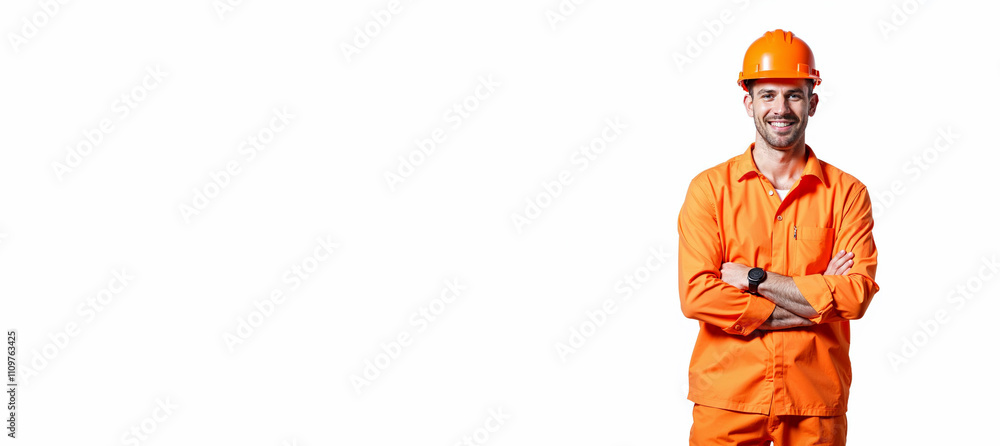 Man builder in an orange construction suit and helmet isolated on a white background. Construction background, banner Man builder in an orange construction suit and helmet isolated on a white background. Construction background, banner