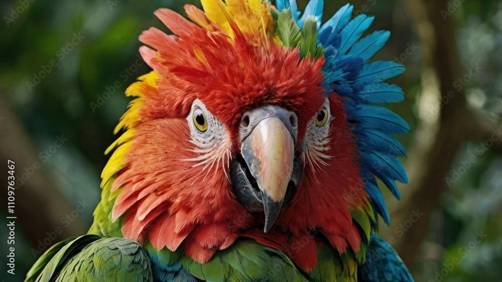 Obraz premium A majestic hybrid of a parrot and a lion, featuring the vibrant feathers of a tropical parrot in shades of green, blue, and red. Its head is a lion’s with a golden mane blending seamless