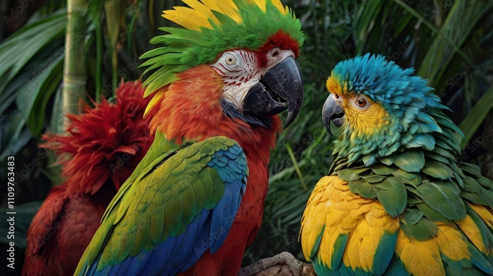 Fototapeta premium A majestic hybrid of a parrot and a lion, featuring the vibrant feathers of a tropical parrot in shades of green, blue, and red. Its head is a lion’s with a golden mane blending seamless