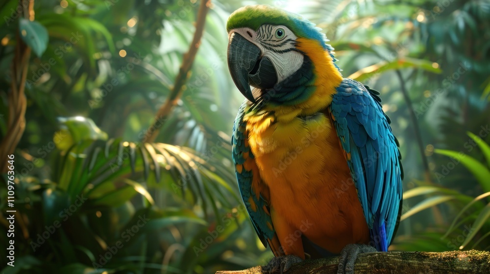 Blue-and-gold macaw perched on a branch in a lush rainforest. Blue-and-gold macaw perched on a branch in a lush rainforest.