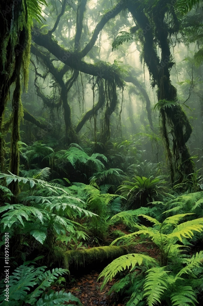 A misty rain forest scene with lush green foliage, vines, and epiphytes, illuminated by dappled sunlight filtering through the canopy above, casting intricate shadows on the forest floor A misty rain forest scene with lush green foliage, vines, and epiphytes, illuminated by dappled sunlight filtering through the canopy above, casting intricate shadows on the forest floor