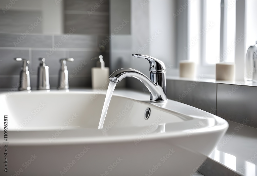 A modern chrome faucet with running water in a bathroom sink, with a blurred background of bathroom accessories A modern chrome faucet with running water in a bathroom sink, with a blurred background of bathroom accessories