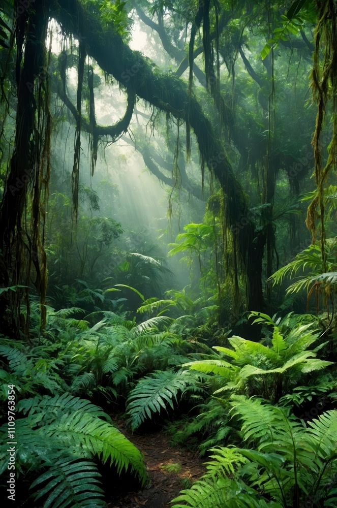 Fototapeta premium A misty rain forest scene with lush green foliage, vines, and epiphytes, illuminated by dappled sunlight filtering through the canopy above, casting intricate shadows on the forest floor