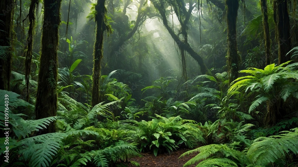 A misty rain forest scene with lush green foliage, vines, and epiphytes, illuminated by dappled sunlight filtering through the canopy above, casting intricate shadows on the forest floor A misty rain forest scene with lush green foliage, vines, and epiphytes, illuminated by dappled sunlight filtering through the canopy above, casting intricate shadows on the forest floor